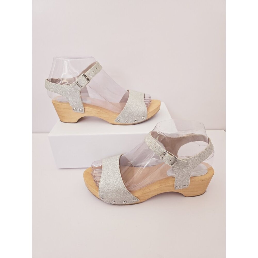 Gioseppo Wooden Clogs Sandals 36 6 Silver Glitter Open Toe Buckle Studded Shoes